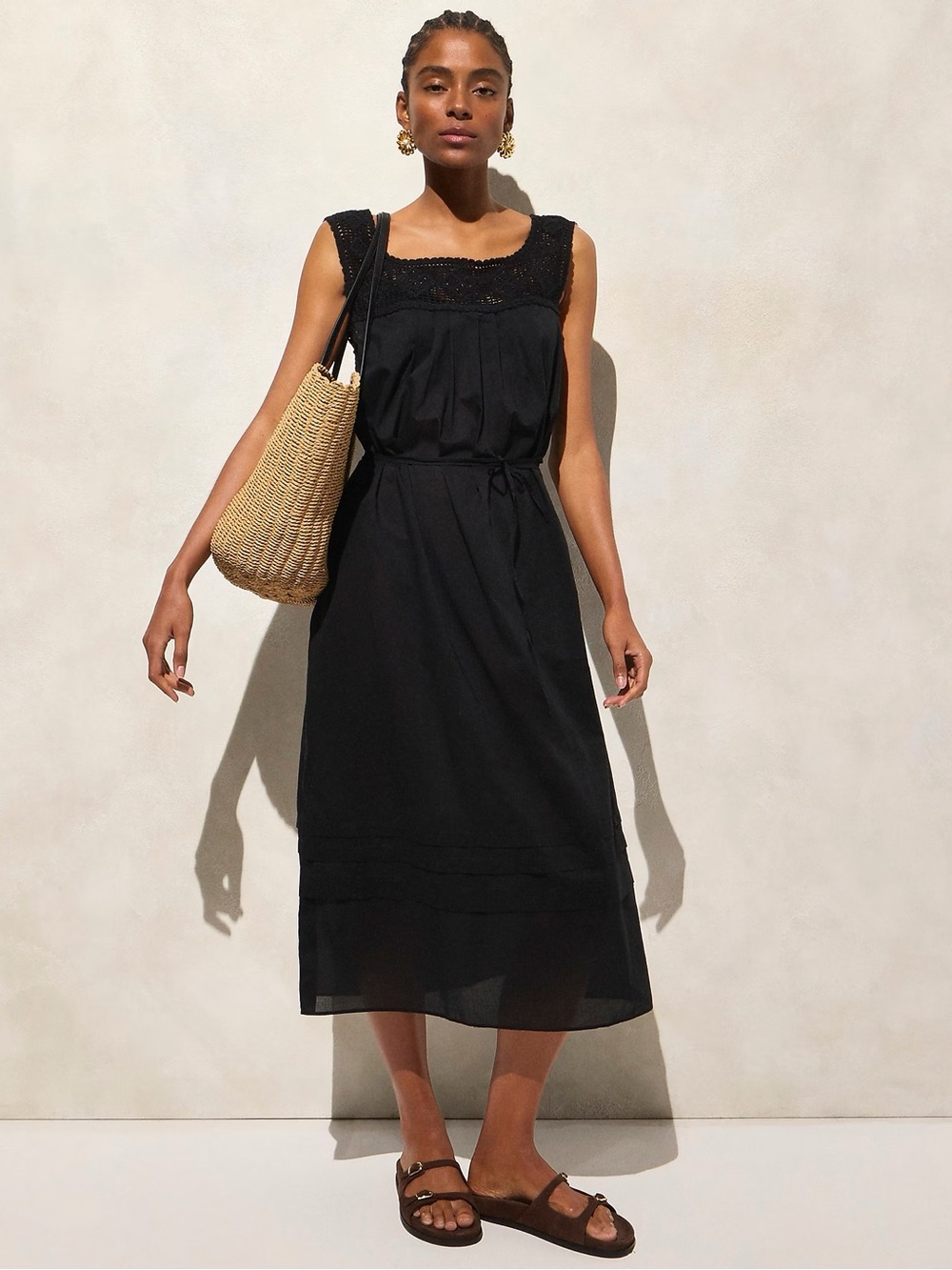 J. Crew Black Crochet Yoke Sleeveless Midi Dress